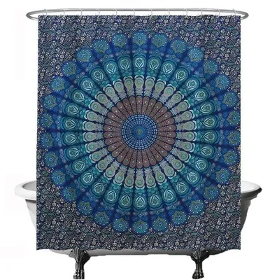 Produktbild von Unyqoos® Mandala-Duschvorhang, Blau – 180 x 200 cm, wasserabweisend & schimmelresistent, Polyester, inkl. 12 weißen Ringen