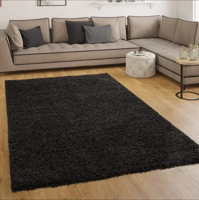 Produktbild von Shaggy Hochflor Langflor Teppich Sky Einfarbig in Schwarz Grösse Ø 80 cm Rund