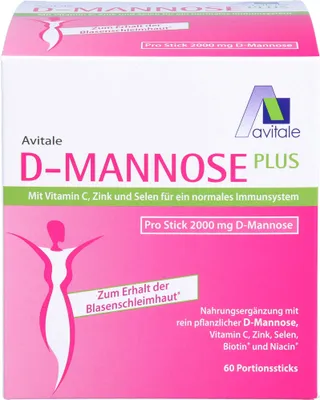 Image de Avitale D-Mannose poudre avec vitamine C, zinc et sélénium pour un système immunitaire normal pour le maintien de la muqueuse vésicale, 60 pcs. Sachets
