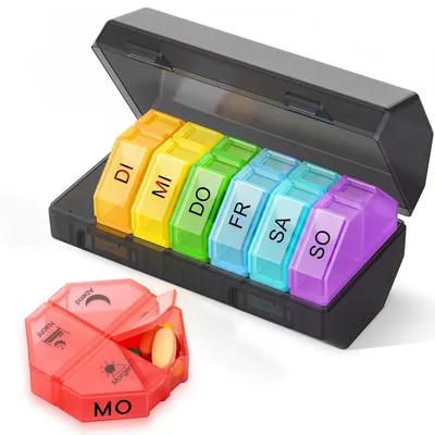 Produktbild von Tablettenbox 7 Tage 4 Fächer pro Tag extra groß BPA-frei 7 herausnehmbare Tagesboxen schwarz-regenbogenfarben