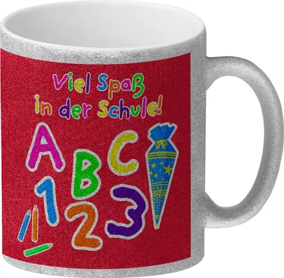 Produktbild von Viel Spaß in der Schule Glitzer-Kaffeebecher für die Einschulung in rot