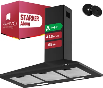 A black kitchen range hood is shown with marketing labels and accessories.