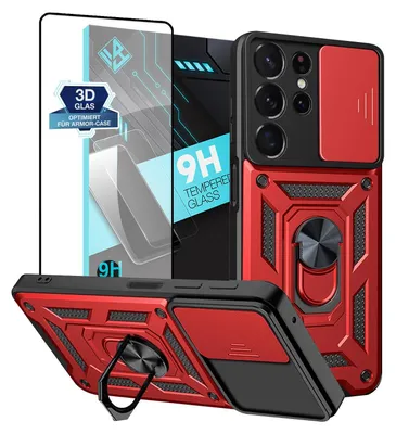 Produktbild von Armor Handyhülle für Samsung Galaxy S23 Ultra mit 9H Displayglas Displayschutz Kameraschutz Handy Panzer Case Cover Schutzhülle Outdoor Farbe: Rot