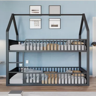 Obrázek produktu pro okwish Patrová postel 140×200 Dětská postel bez matrace, Patrová postel se schody a loft designem, Spodní postel s dveřmi, Patrová postel s celoplošným ochranným zábradlím, Černá