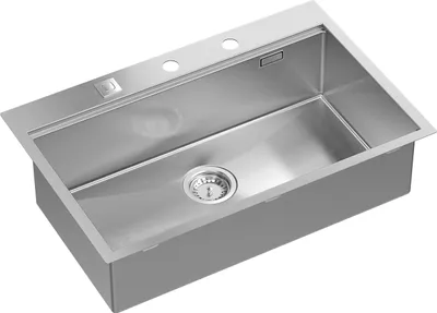 A stainless steel kitchen sink with a drain and faucet holes.