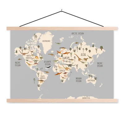 Obrázek produktu pro MuchoWow® Textilní plakát - Mapa světa - Dětský pokoj - Dinosauři - Chlapci - Dívky - Děti - 60x40cm - S hnědými lamelami