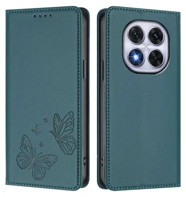 Obrázek produktu pro Kožené pouzdro pro Xiaomi Poco X7/Redmi Note 14 Pro 5G/14 Pro+ 5G, motýlí ražbou, peněženkové flip pouzdro se stojánkem Zelená