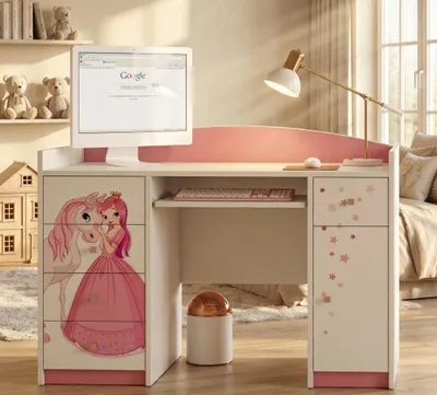 Produktbild von Happy Babies Kinderschreibtisch 125x89x60 Klein Arbeitstisch Büro weiß Rosa Computertisch mit Tastaturablage Kindermöbel mit Schubladen Kinder Muster
