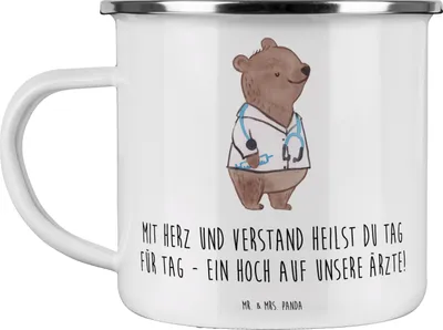 Produktbild von Mr. & Mrs. Panda Pott Arzt Herz Verstand - Weiß - Geschenk, Doktor, Pflege, Fürsorge, Aufmerksamkeit, Medizin, Emaille Tasse, Danke sagen, Bedanken, Mediziner, Haferl