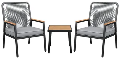 Image de Ensemble de mobilier de jardin 3 pièces - Salon de jardin en polyrotin - 2 fauteuils avec coussins - Structure en métal - Table en verre - Pour balcon et jardin - Noir/gris