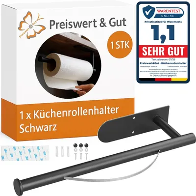 Produktbild von Küchenrollenhalter für die Wand Farbwahl aus Edelstahl 100% rostfrei – Innovative Abroll-Bremse, Küchenrolle Halter Schwarz