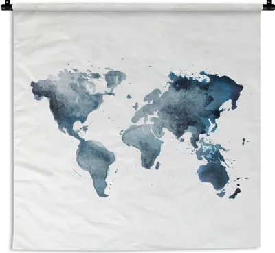 Produktbild von MuchoWow® Wandteppich Wandbehang Weltkarte - Aquarell - Blau 150x150 cm Tapisserie Dekoration Wandtuch - Wohnaccessoires - Modernes