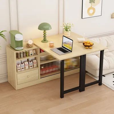 Produktbild von Abrihome 360° Drehbarer Klapp-Esstisch mit Stauraum und Schrank, Ausziehbarer Esstisch, Natur