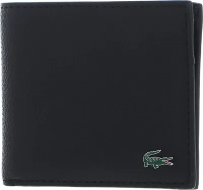 A black bi-fold wallet with a small green crocodile logo on the bottom right corner.