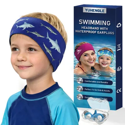 Produktbild von Schwimm Stirnband für Kinder & Erwachsene - Neopren Haarband mit Ohrstöpsel-Schutz, Klettverschluss, Wasserdicht
