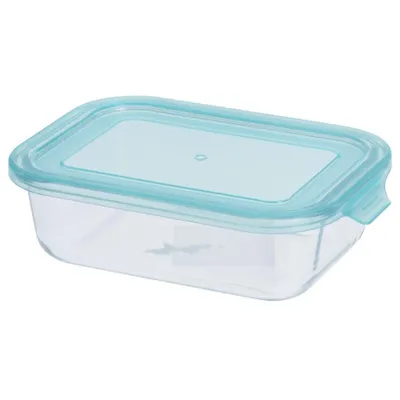 A clear, studio shot of a rectangular glass food storage container with a light blue lid, isolated on a white background.