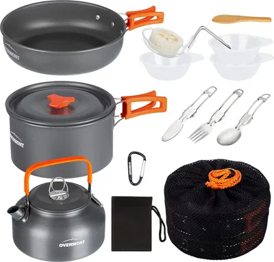 Produktbild von OVERMONT Camping Kochgeschirr Set Outdoor Geschirr Kochtopf Grillgeschirr Picknick Topf mit Kaffeekanne Teekanne Aluminium