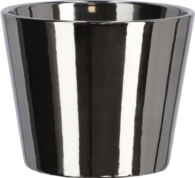 A close-up studio shot of a small, glazed ceramic pot with a metallic silver and black striped pattern.