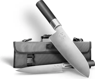 Two knives and a knife roll are displayed against a white background.