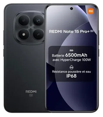 Image de Xiaomi Redmi Note 15 Pro+ 5G, smartphone noir | Écran CrystalRes AMOLED 1,5K 120 Hz de 6,83 pouces | 12 Go de RAM, 512 Go de stockage | Appareil photo 200 MP | Batterie 6500 mAh, charge rapide 100W HyperCharge | IP68