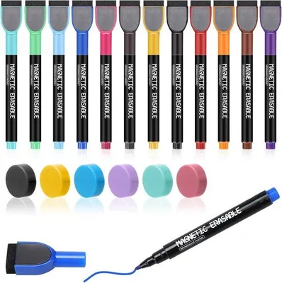 Produktbild von Famanu Whiteboardmarker Set - 12 Farben mit 6 Magneten - Feine Spitze - Wasserlöslich für Schule, Büro und Zuhause