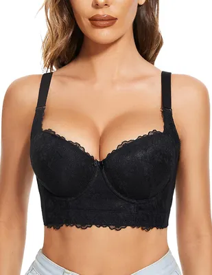 Productafbeelding van Zwarte push-up beha van kant met beugel, brede rug en longline-model, maat 105E