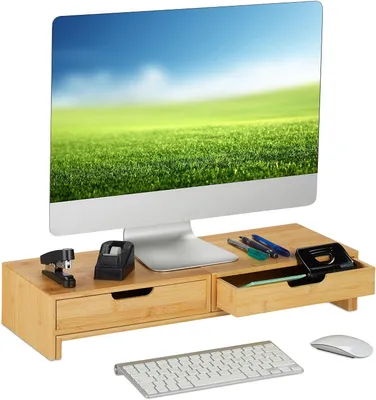 Imagen del producto de Soporte para monitor para 2 monitores - Regulable - 11 x 107 x 22 cm - Con cajones - Elevador de pantalla - Color natural