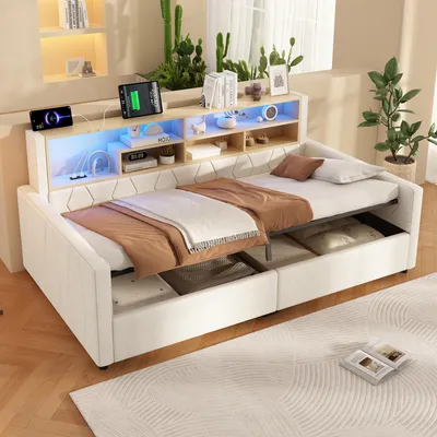 Produktbild von Flieks Tagesbett 90x200cm mit USB, Hydraulikbett Stauraumbett mit offenen Staufächern, Schlafsofa Jugendbett mit Led, Daybed Gästebett Leinen, Beige