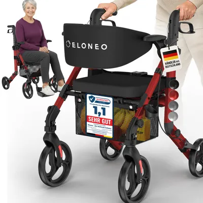 Produktbild von ELONEO 2in1 Rollstuhl Rollator faltbar und leicht mit Sitz, Outdoor Rollator Rollstuhl faltbar, Aluminium Gehhilfe für Senioren - Rot