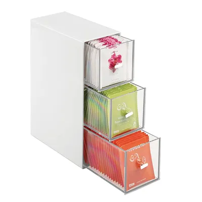 Produktbild von Teebox mit 3 Schubladen, Kunststoff Organizer, stapelbare Aufbewahrungsbox für Tee, Büro und Make-Up (weiß)