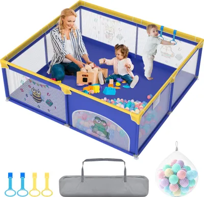 Image de JOIEYOU Parc bébé Parc bébé 180x200cm Baby Playpen avec 50 balles de jeu, 1 parc d'éveil et 4 anneaux de traction Enfants Parc portable Petit parc, Bleu animal