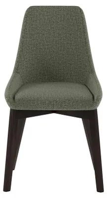 Productafbeelding van Vera eetkamerstoel met groene stoffen bekleding op de zitting en rugleuning, en een frame van massief walnoothout – Klassiek-modern design