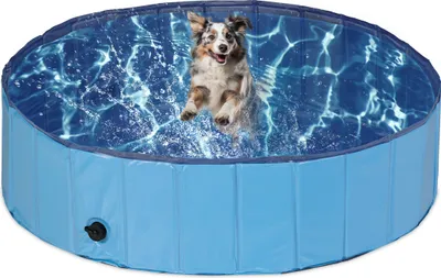 Immagine prodotto di Piscina per cani Relaxdays, A x P: 30 x 120 cm, pieghevole, con valvola di scarico, piscina per cani per rinfrescarsi, PVC e MDF, blu
