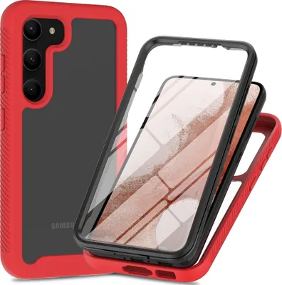 A disassembled phone case with a clear front and red bumper, showing the phone inside.