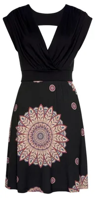Produktbild von BEACH TIME Jerseykleid mit Rückenausschnitt, Oberteil in Wickeloptik mit V-Ausschnitt schwarz-bedruckt Größe 38