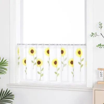 Produktbild von Ibenzoa® Küchengardine bestickt mit Sonnenblumen – Leinen & halbtransparentes Polyester, 30 x 90 cm, 1 Stück, Aufhängband für Gardinenstangen bis 2,8 cm