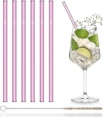 Produktbild von HALM Rosa Glasstrohhalme 6 Stück 20 cm Pink+ plastikfreie Reinigungsbürste - Spülmaschinenfest - Nachhaltig - Glastrinkhalme Glasstrohalme für Long-Drinks, Smoothies, Saft