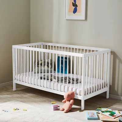 Produktbild von Babybett Kinderbett Gitterbett höhenverstellbar & herausnehmbare Sprossen Buchenholz sehr stabil, weiss, 60x120 cm