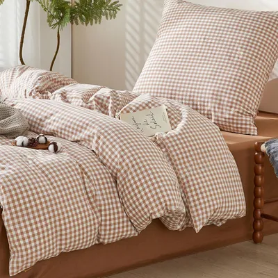 Zdjęcie produktu dla Komplet pościeli 135x200 cm, bawełna, pranie, wzór w kratkę, 2 elementy, kolor taupe