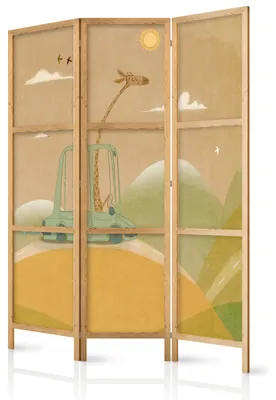 Produktbild von Muralo Japanischer PARAVENT 3-teilig Raumteiler klappbar PREMIUM-Vliesleinwand GIRAFFE IM AUTO für Kinderzimmer 135cmx172cm