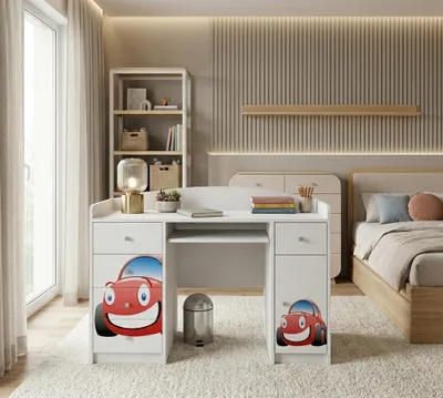 Obrázok produktu pre Happy Babies počítačový stôl s výsuvom na klávesnicu, kancelársky stôl s výsuvom na klávesnicu, 5 zásuviek, 1 polica, 125x89x60, motívy, nálepky na výber, deti