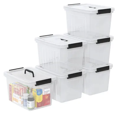 Produktbild von 6er-Packung transparenter Verpackungsboxen aus Kunststoff mit Deckel und Griffen, 12 Liter