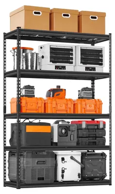 Zdjęcie produktu dla Regały magazynowe VEVOR, 2500 funtów, 5 poziomów, solidne regały garażowe, 45,7 x 10,2 x 17,8 cm, do regałów przemysłowych, regały piwniczne do kuchni, magazynu, piwnicy, czarne
