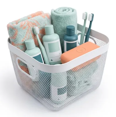 Produktbild von Relaxdays Aufbewahrungskorb, HBT: 17x24x24,5 cm, Metall, Griffe, Bad, Kinderzimmer, Wohnzimmer, Utensilienkorb, weiß