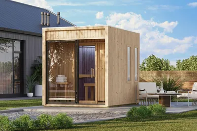 Image de Karibu Saunahaus : Sauna extérieure, sauna de jardin, modèle Delano, non traité, sans accessoires, éléments de 73 mm, dimensions : 220 x 288 x 244 cm