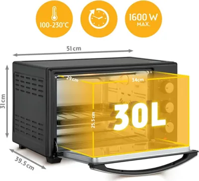 Immagine prodotto di TZS First Austria - Mini Forno 30L 1600W - Fornetto con regolazione della temperatura fino a 230°C - Con timer di 60 min, 3 altezze di inserimento, teglia e griglia - Per cucine piccole e campeggio