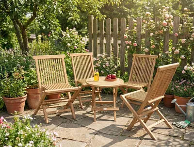 Produktbild von Gartenmöbel Set Cozy, klappbarer Gartentisch mit 4 Klappstühlen, Massivholz Outdoor Set für Garten & Terrasse