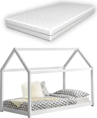 Obrázek produktu pro Dětská postel s ortopedickou matrací 70x140 cm Postel do domečku Dřevěná postel Design domečku Borovicové dřevo Bílá s matrací ze studené pěny Oeko-Tex Standard 100 [en.casa]