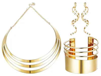Image de Innovra - Dailygoody - Ensemble de colliers "Slabbetje" - Bijoux fantaisie - Couleur or - Bracelets et boucles d'oreilles - Accessoires de festival - Adapté aux femmes