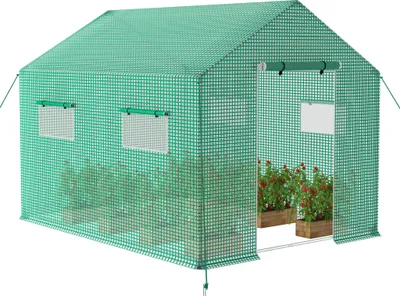 A green greenhouse with plants inside, shown on a white background.